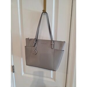 Michael Kors Tote Bag Gray Leather Shoulder Bag MK Charm